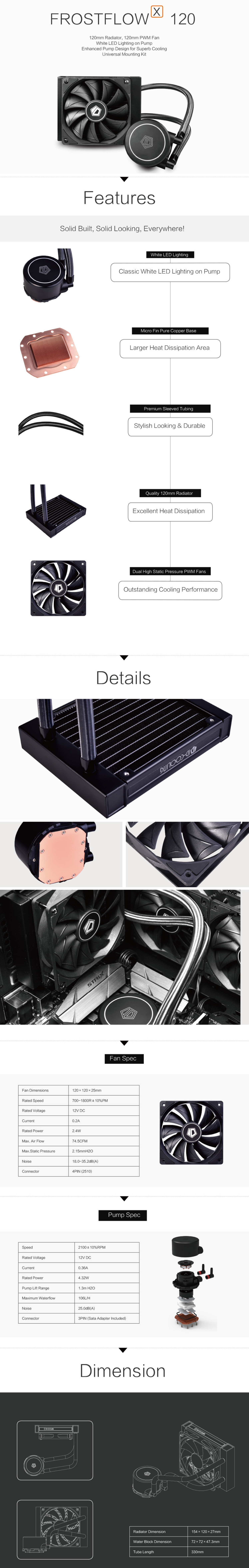 A large marketing image providing additional information about the product ID-COOLING FrostFlow X 120 White LED AIO CPU Liquid Cooler - Additional alt info not provided